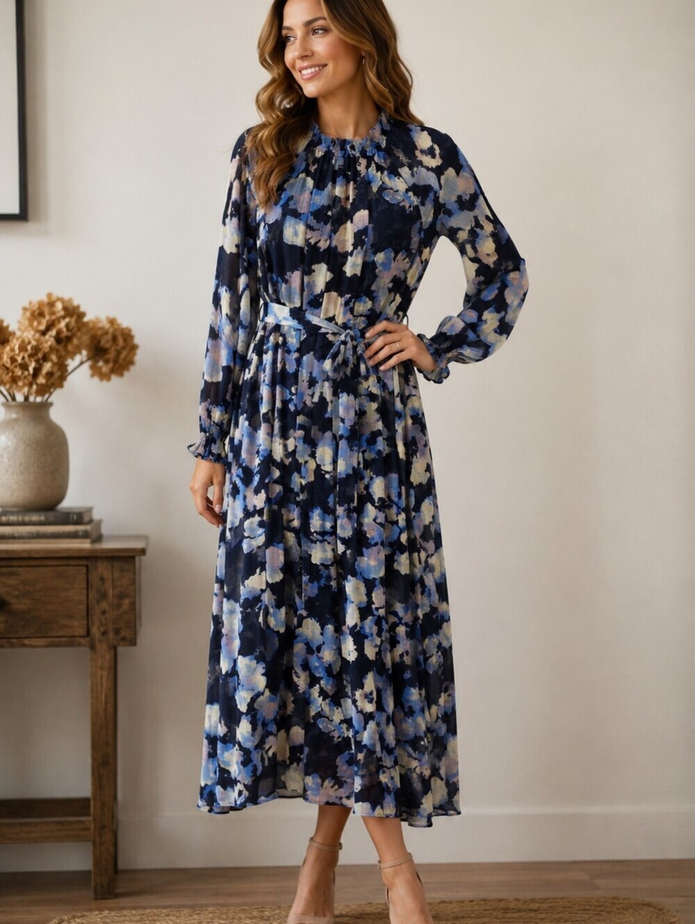AAB Navy Beige High Ruffled Neck Modest Belted Flowy Maxi Dress. Ladies Small
